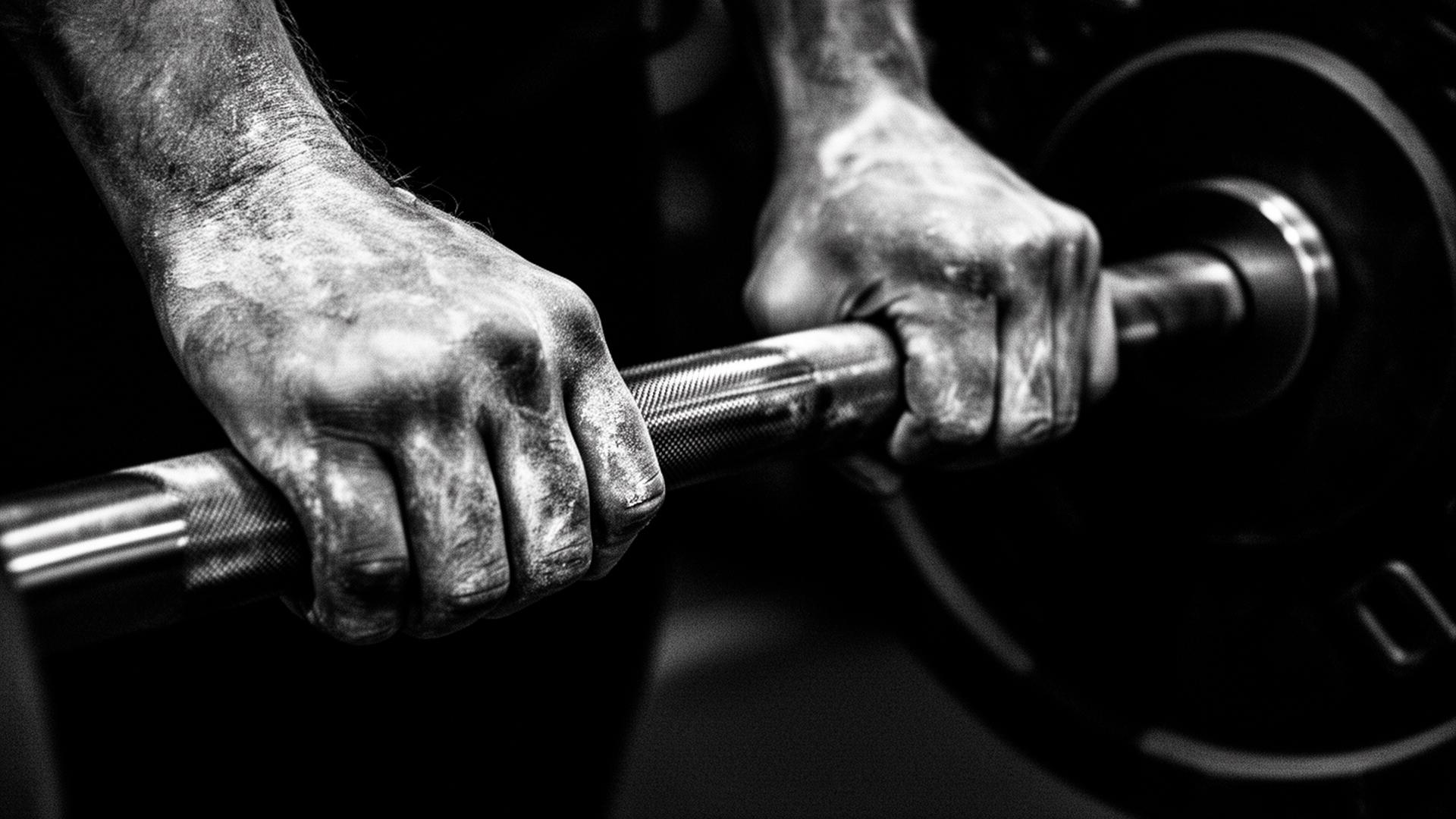 Chalked hands gripping a steel barbell
